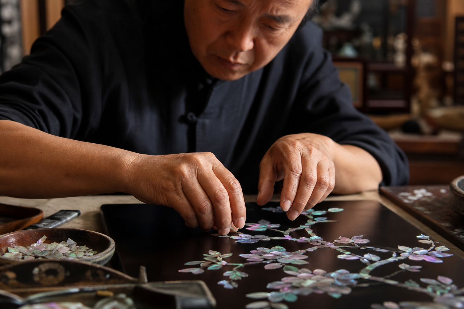 Artisan handcrafting a raden shell inlay piece